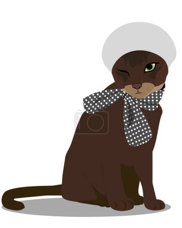 moda de gato, modelo de gato marrón con sombrero blanco de moda y bufanda polkadot