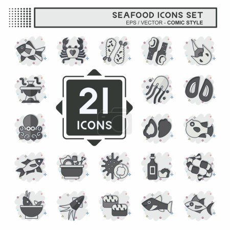 Icon Set Meeresfrüchte vorhanden. mit dem Feiertagssymbol verwandt. Comic-Stil. einfache Design-Illustration