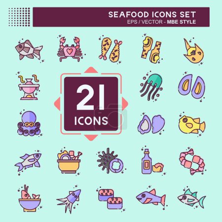 Icon Set Meeresfrüchte vorhanden. mit dem Feiertagssymbol verwandt. MBE-Stil. einfache Design-Illustration
