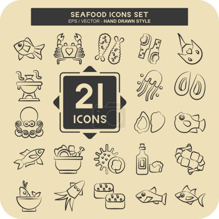 Téléchargez les illustrations : Icône Set fruits de mer. lié au symbole de vacances. style dessiné à la main. illustration de conception simple - en licence libre de droit