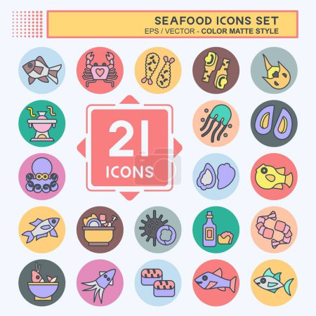 Icon Set Meeresfrüchte vorhanden. mit dem Feiertagssymbol verwandt. Farbe Mate-Stil. einfache Design-Illustration