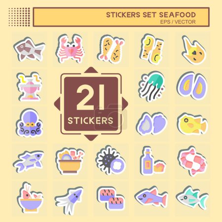 Téléchargez les illustrations : Sticker Set Fruits de mer. lié au symbole de vacances. illustration de conception simple - en licence libre de droit