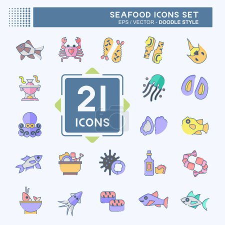 Icon Set Seafood. related to Holiday symbol. doodle style. simple design illustration