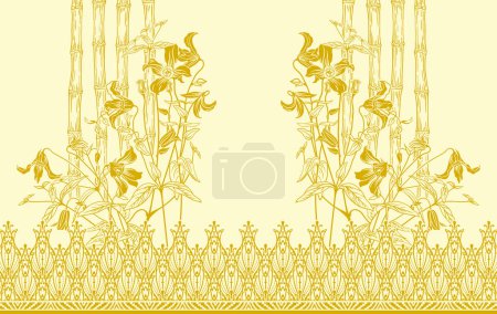 Photo for Seamless pattern Golden textured curls Brilliant lace stylized flowers Openwork weaving delicate golden background Paisley Ethnic border Textile and Digital Design - Royalty Free Image