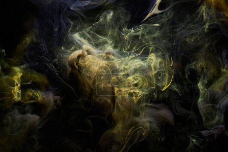 Yellow dark abstract background, luxury colored smoke, acrylic paint underwater explosion, cosmic swirling ink Poster 621391514