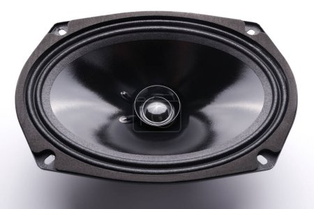 Photo for Black car sound speakers close-up on a white background, audio system, hard bass subwoofer - Royalty Free Image