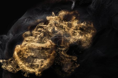 Photo for Golden sparkling abstract background, luxury black smoke, acrylic paint underwater explosion, cosmic swirling ink - Royalty Free Image