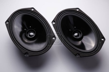 Téléchargez les photos : Haut-parleurs de voiture noir close-up sur un fond blanc, système audio, grave subwoofer - en image libre de droit