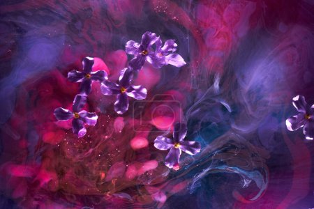 Foto de Fondo rosa púrpura abstracto con flores y pinturas en agua. Fondo para perfumes, productos cosméticos - Imagen libre de derechos