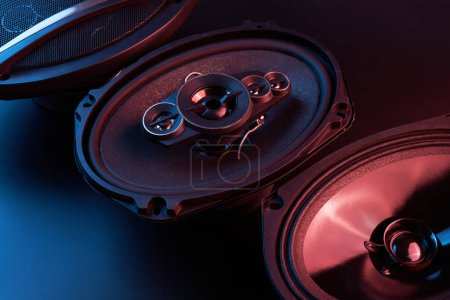 Photo for Black car sound speakers close-up on a black background, audio system, hard bass subwoofer - Royalty Free Image