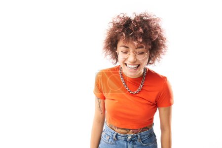 Photo for Close-up Portrait of cool happy kazakh model girl with curls, tattoo and chain laughing and smiling isolated on white studio background - Royalty Free Image