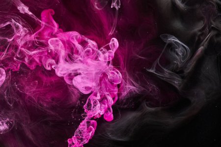 Photo for Dark Pink and black abstract ocean background. Splashes, drops and waves of paint under water, clouds of smoke in motion - Royalty Free Image