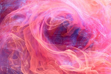 Foto de Gentle Pink abstract ocean background. Splashes, drops and waves of paint under water, clouds of smoke in motion - Imagen libre de derechos