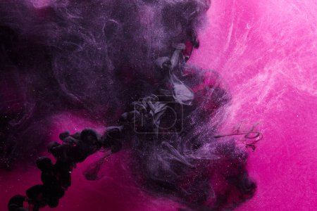 Photo for Dark Pink and black abstract ocean background. Splashes, drops and waves of paint under water, clouds of smoke in motion - Royalty Free Image