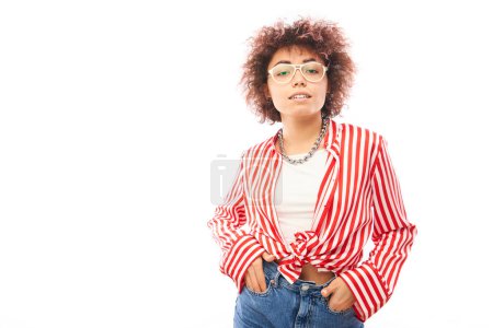 Photo for Portrait of cool happy kazakh model girl with curls and chain posing and smiling isolated on white studio backgroun - Royalty Free Image