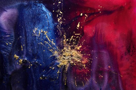 Téléchargez les photos : Luxury abstract background, liquid art. Blue red mix alcohol ink with golden paint blots, Earth water surface, marble texture - en image libre de droit