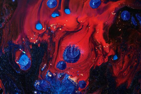 Foto de Luxury abstract background, liquid art. Blue red mix alcohol ink with golden paint blots, Earth water surface, marble texture - Imagen libre de derechos