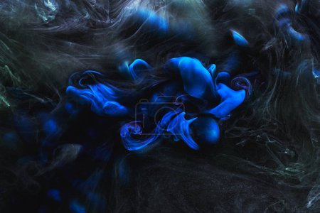 Photo for Blue black contrast liquid art background. Paint ink explosion, abstract clouds of smoke mock-up, watercolor underwater - Royalty Free Image
