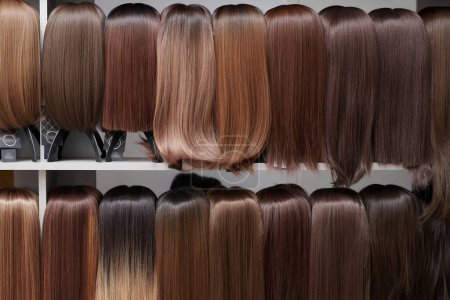 Photo for Showcase of natural looking wigs in different shades of brunette fixed on the wig holders in beauty salon. Row of mannequin heads with variation colors hair on shelf in wig shop - Royalty Free Image
