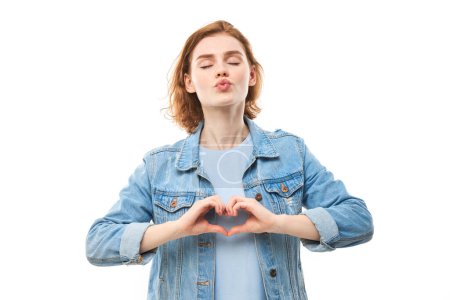 Photo for Portrait happy young redhead woman makes heart gesture, asks to be my valentine. Girlfriend keep hands on chest, feel thankful isolated on white studio background - Royalty Free Image