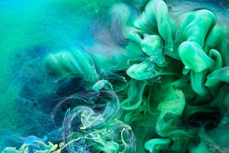 Zielony niebieski kontrast ciekłe tło sztuki. Eksplozja farby atramentowej, abstrakcyjne chmury makiety dymnej, akwarela pod wodą