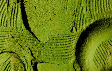 Téléchargez les photos : Décoratif fond de mastic vert. Texture murale avec de la pâte de remplissage appliquée avec une spatule, des tirets chaotiques et des traits sur du plâtre. Conception créative, motif en pierre, hommes - en image libre de droit