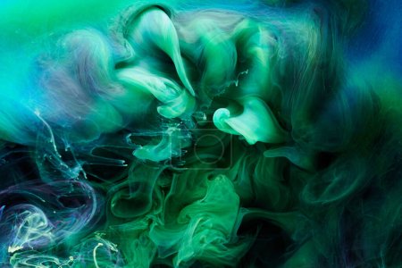 Photo for Green blue contrast liquid art background. Paint ink explosion, abstract clouds of smoke mock-up, watercolor underwater - Royalty Free Image