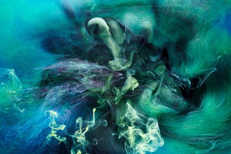 Photo for Green blue color abstract smoke background. Mix alcohol ink, creative liquid art mock-up with copy space. Acrylic paint waves underwater - Royalty Free Image