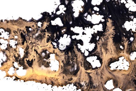 Foto de Pinta gotas y salpicaduras sobre papel blanco. Explosión multicolor, tinta de oro negro borra fondo abstracto, arte fluido - Imagen libre de derechos