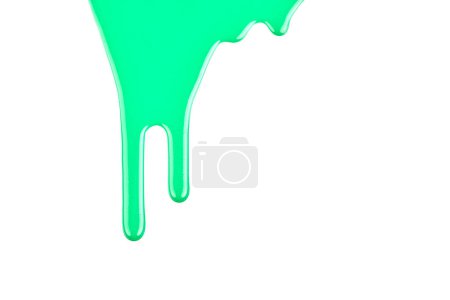 Photo for Paint drops flowing down on white paper. Green ink blots abstract background - Royalty Free Image