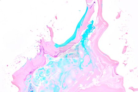 Photo for Paint drops and splashes on white paper. Multicolored explosion, pink blue ink blots abstract background, fluid art - Royalty Free Image