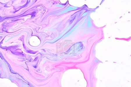 Photo for Paint drops and splashes on white paper. Multicolored explosion, purple lilac ink blots abstract background, fluid art - Royalty Free Image
