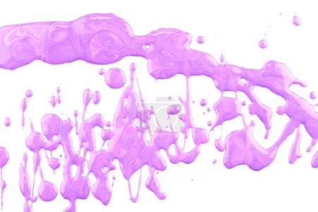 Foto de Pinta gotas y salpicaduras sobre papel blanco. Explosión multicolor, tinta lila púrpura borra fondo abstracto, arte fluido - Imagen libre de derechos