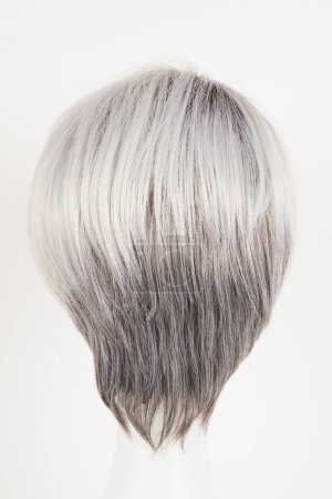Téléchargez les photos : Perruque blonde argentée naturelle sur tête de mannequin blanche. Cheveux courts sur le support de perruque en plastique isolé sur fond blanc, vue arrière - en image libre de droit