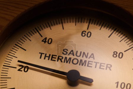 Photo for Sauna thermometer made of wood closeup - Royalty Free Image