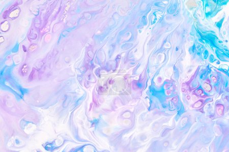Photo for Exclusive beautiful pattern, abstract fluid art background. Flow of blending purple lilac blue paints mixing together. Blots and streaks of ink texture for print and desig - Royalty Free Image