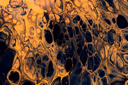 Photo for Exclusive beautiful pattern, abstract fluid art background. Flow of blending golden black paints mixing together. Blots and streaks of ink texture for print and design - Royalty Free Image