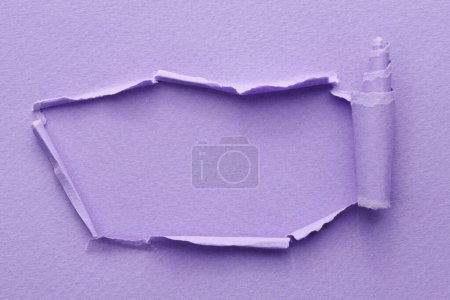 Photo for Frame of ripped paper with torn edges. Window for text with copy space lilac colors, shreds of notebook pages. Abstract backgroun - Royalty Free Image