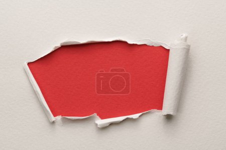 Photo for Frame of ripped paper with torn edges. Window for text with copy space red white colors, shreds of notebook pages. Abstract backgroun - Royalty Free Image