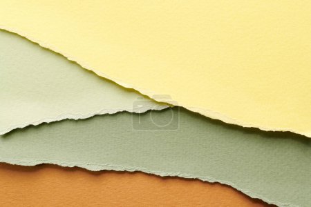 Photo for Art collage of pieces of ripped paper with torn edges. Sticky notes collection yellow brown green colors, shreds of notebook pages. Abstract backgroun - Royalty Free Image