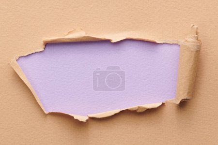 Photo for Frame of ripped paper with torn edges. Window for text with copy space lilac beige colors, shreds of notebook pages. Abstract backgroun - Royalty Free Image