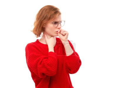 Photo for Portrait of young redhead woman coughing, suffering from sore throat isolated on white studio background. Respiratory disease concept - Royalty Free Image