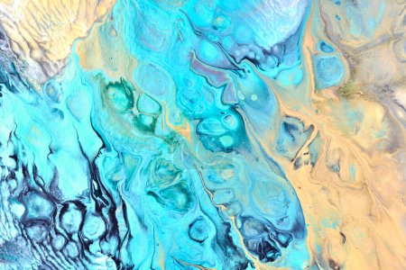 Photo for Exclusive beautiful pattern, abstract fluid art background. Flow of blending blue yellow paints mixing together. Blots and streaks of ink texture for print and desig - Royalty Free Image