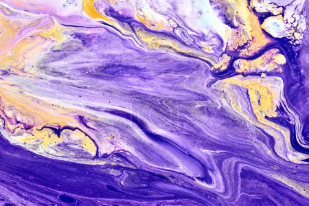 Photo for Exclusive beautiful pattern, abstract fluid art background. Flow of blending purple lilac yellow paints mixing together. Blots and streaks of ink texture for print and design - Royalty Free Image