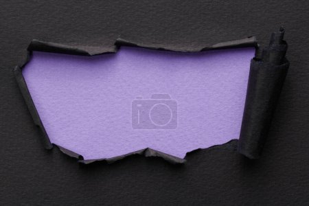 Photo for Frame of ripped paper with torn edges. Window for text with copy space black lilac colors, shreds of notebook pages. Abstract backgroun - Royalty Free Image