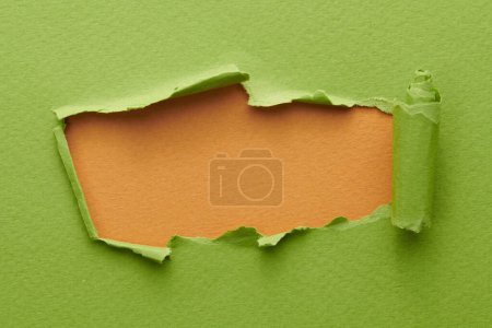 Photo for Frame of ripped paper with torn edges. Window for text with copy space green brown colors, shreds of notebook pages. Abstract backgroun - Royalty Free Image