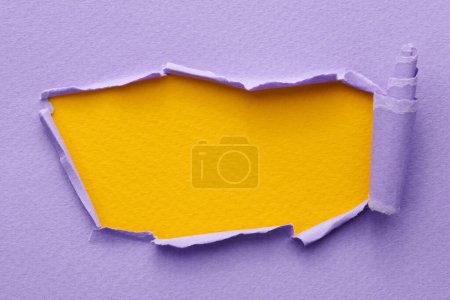 Photo for Frame of ripped paper with torn edges. Window for text with copy space yellow lilac colors, shreds of notebook pages. Abstract backgroun - Royalty Free Image
