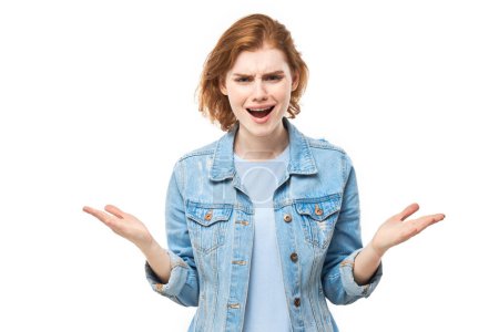 Photo for Portrait of angry young woman screaming splashes hands on white studio background. Devil face. Human emotions, facial expression concep - Royalty Free Image