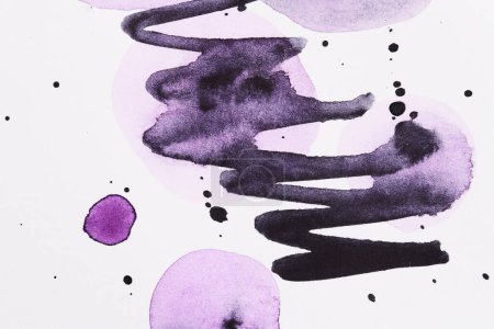 Photo for Abstract background. Watercolor ink multicolor art collage. Lilac purple stains, blots and brush strokes of acrylic paint on white pape - Royalty Free Image