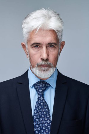 Foto de Retrato de hombre de negocios maduro seguro con cara seria y cabello gris aislado en el fondo del estudio. Hombre de 60 años guapo, jefe en Sui - Imagen libre de derechos